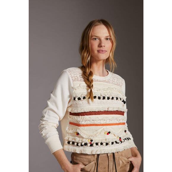 NEW Anthropologie Fringed Cream Sweater - Size: Medium - Picture 1 of 6